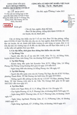 Hình ảnh chi tiết tin tức Khẩn: Yên Bái yêu cầu rà soát các trường hợp có liên quan đến bệnh nhân Covid-19 theo thông báo khẩn của Sở Y tế Hưng Yên, Quảng Ninh, Hải Dương, Hồ Chí Minh, Hòa Bình Hình ảnh tin tức Khẩn: Yên Bái yêu cầu rà soát các trường hợp có liên quan đến bệnh nhân Covid-19 theo thông báo khẩn của Sở Y tế Hưng Yên, Quảng Ninh, Hải Dương, Hồ Chí Minh, Hòa Bình