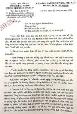 Hình ảnh chi tiết tin tức Công văn hỏa tốc 3654: Yên Bái yêu cầu tăng cường việc kiểm tra, kiểm soát người về/đến từ vùng có dịch tại các địa phương giáp ranh với tỉnh Yên Bái Hình ảnh tin tức Công văn hỏa tốc 3654: Yên Bái yêu cầu tăng cường việc kiểm tra, kiểm soát người về/đến từ vùng có dịch tại các địa phương giáp ranh với tỉnh Yên Bái